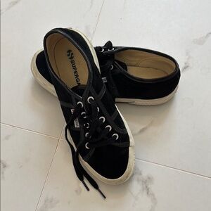 Superga Black Sneakers with White Soles and Decorative Laces